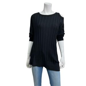 PLANET by Lauren G Ribbed Cold Shoulder Tunic Sweater Black One Size